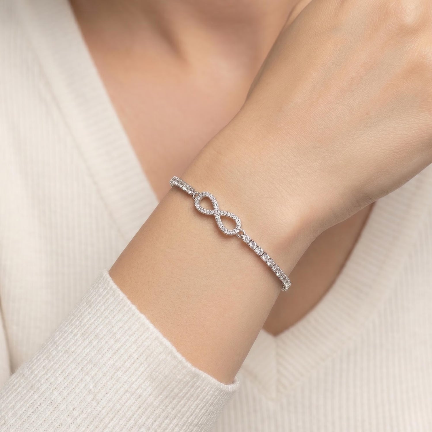 925 Sterling Silver Infinity Love Bracelet with Cubic Zirconia, Eternity Bracelet, Adjustable 6 Inches - 9 Inches, by TILO Jewelry